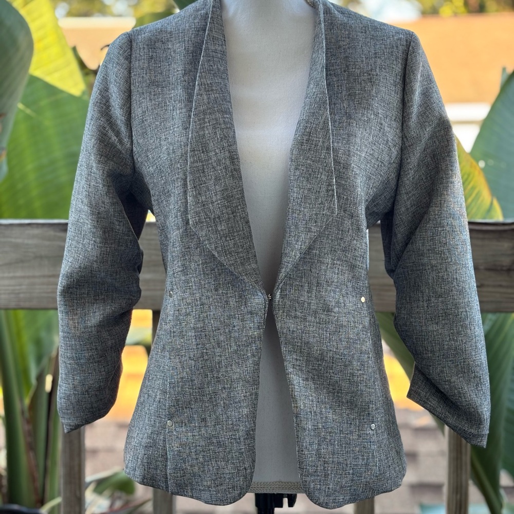 Kate Kasin Textured Gray Ruched 3/4 Sleeve Blazer Shawl Collar Size S